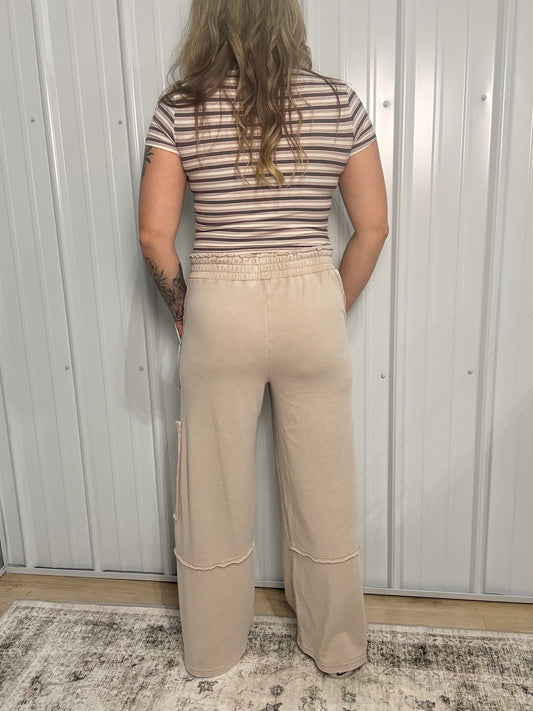 Mineral Wash Wide Leg Cargo Pant - Dark Taupe