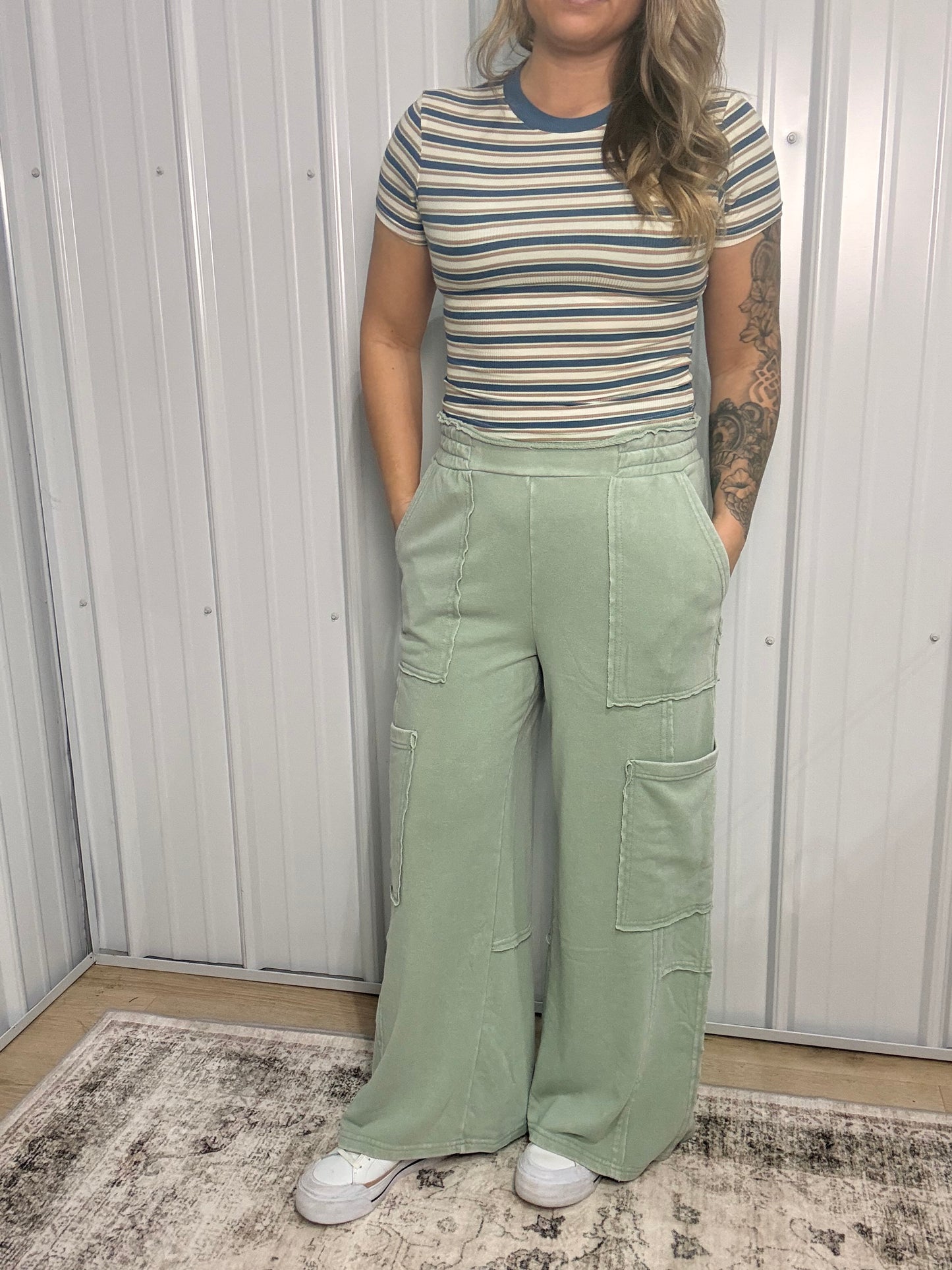 Mineral Wash Wide Leg Cargo Pant - Sage Green