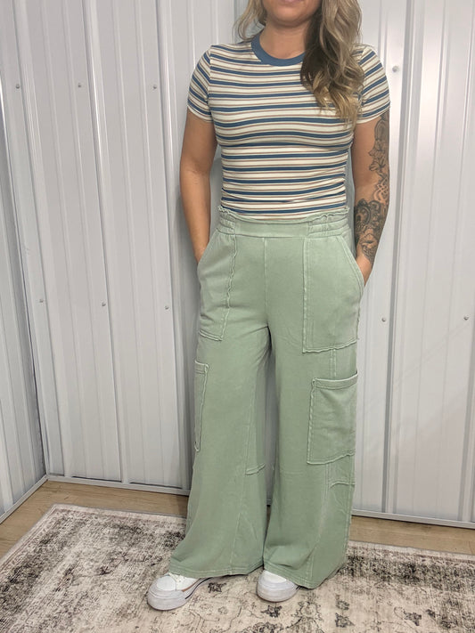 Mineral Wash Wide Leg Cargo Pant - Sage Green