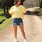 ROUND NECK SHORT SLEEVE KNIT SWEATER TOP: BUTTER YELLOW