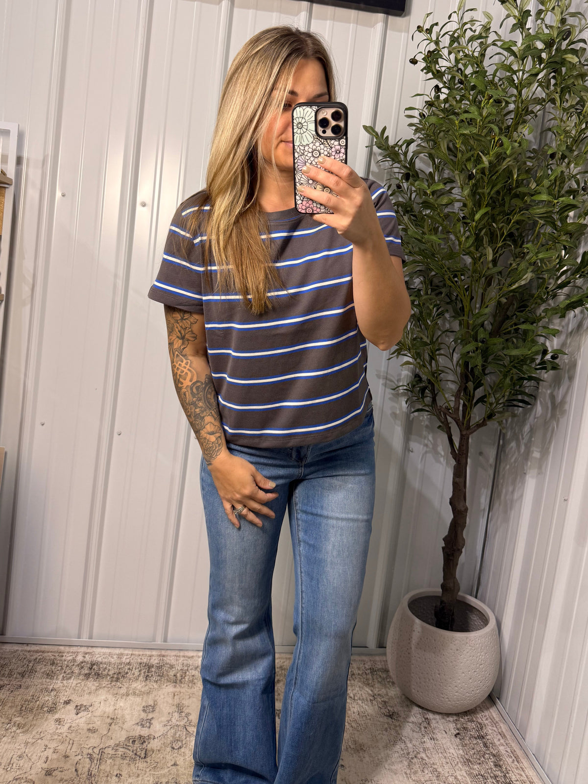 Gray Striped Boxy Short Sleeve Tee