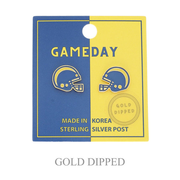 Game Day Football Helmet Gold Plated Stud Earrings : Blue & Yellow
