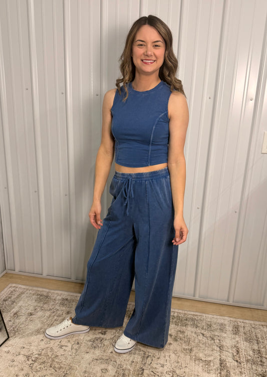 Mineral Washed Wide Leg Pants Set - NAVY
