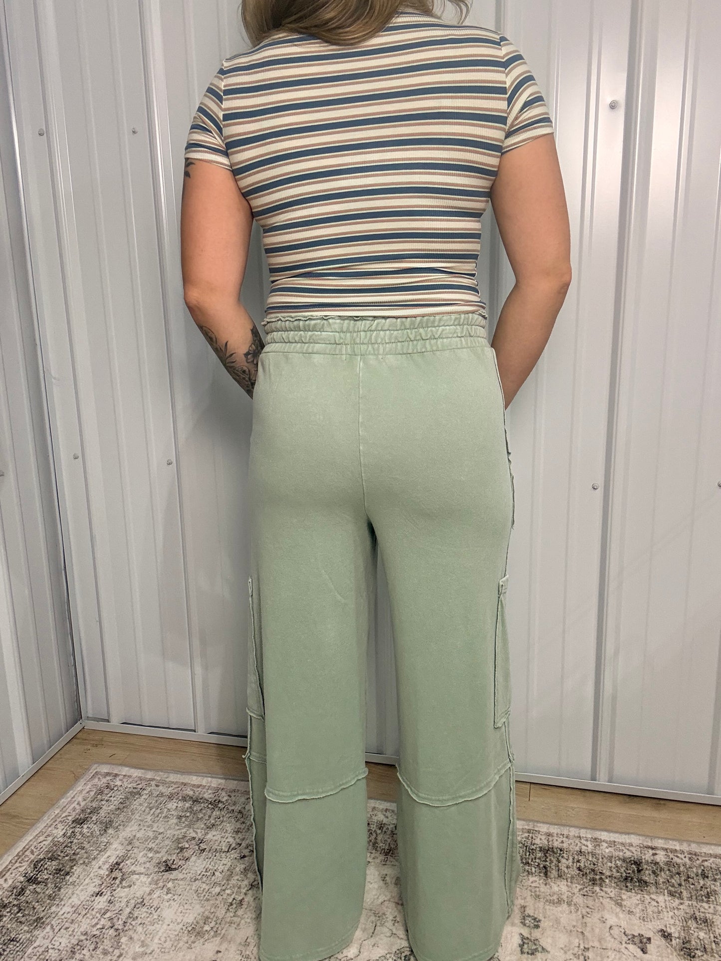 Mineral Wash Wide Leg Cargo Pant - Sage Green