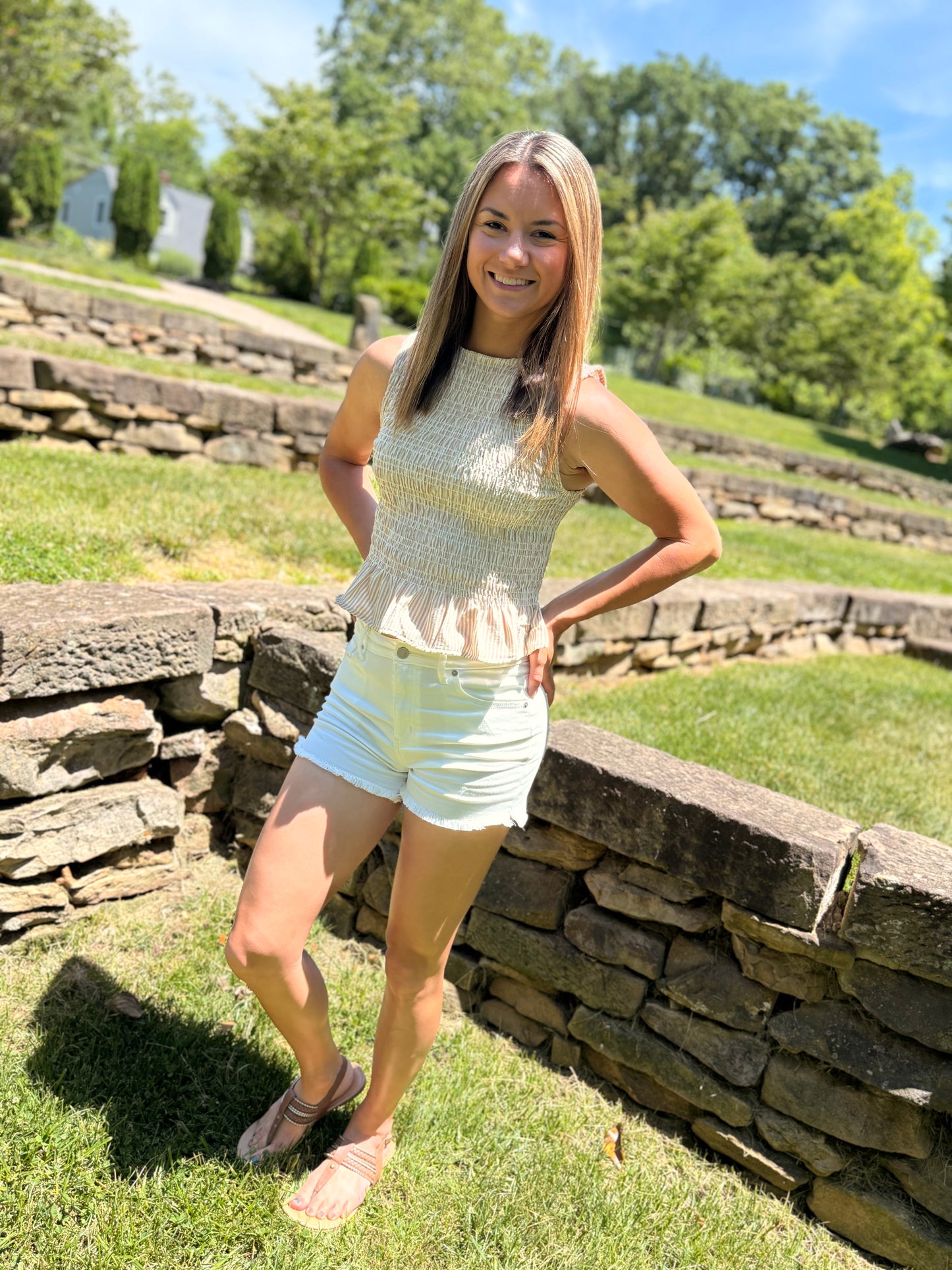 Stripe Sleeveless Smocked Blouse