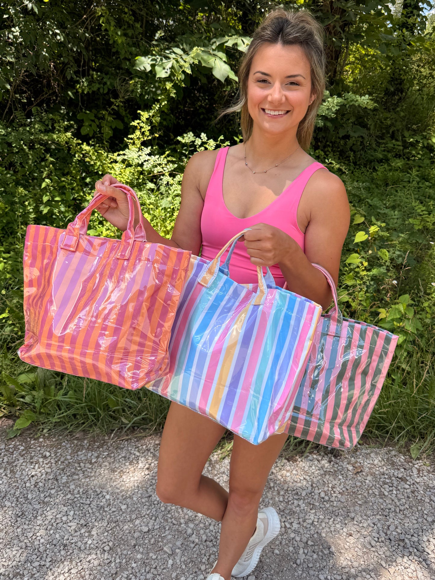 Vinyl Large Tote Bag - Green/Pink