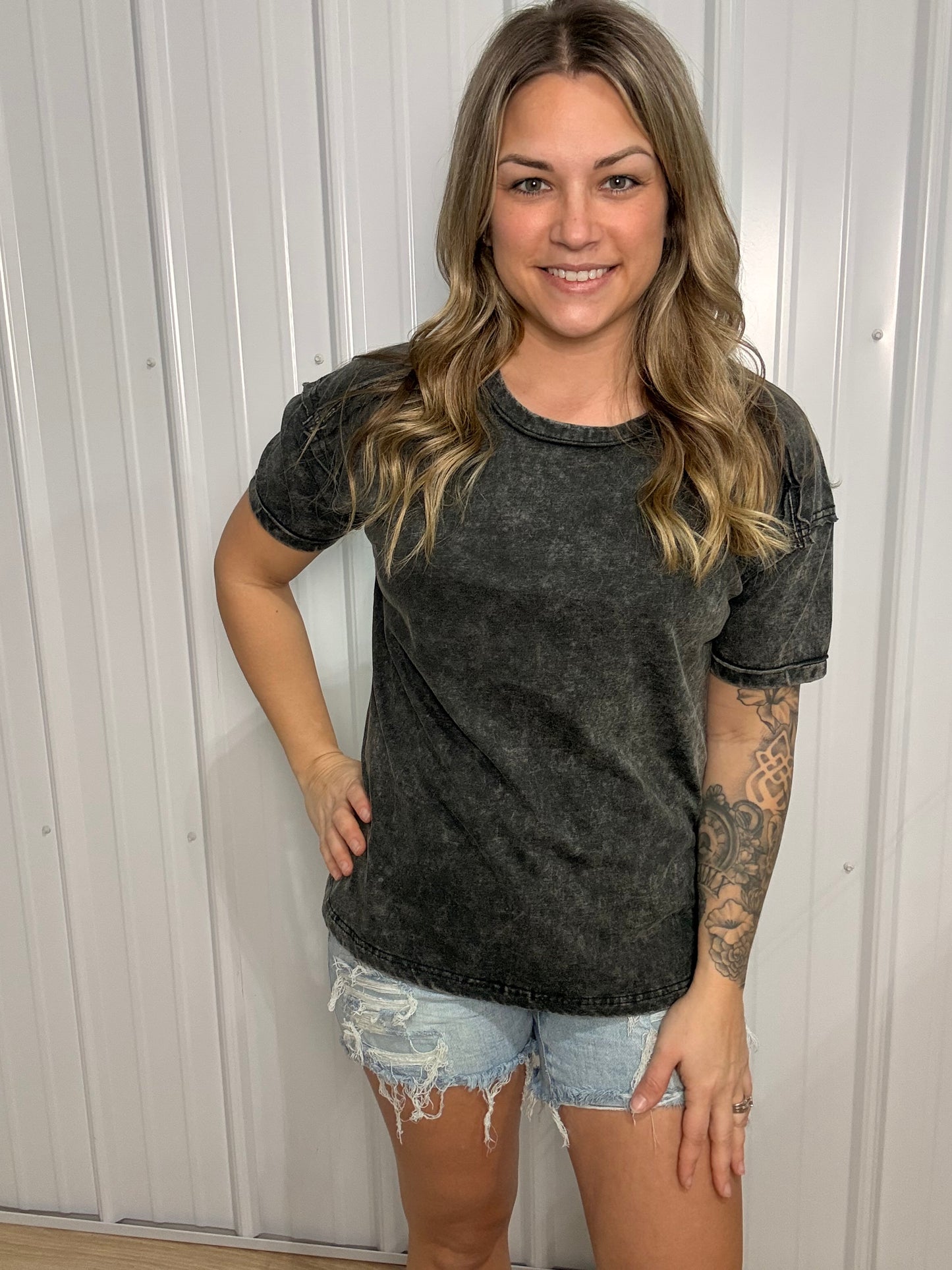 Ash Black Acid Wash Round Neck Tee