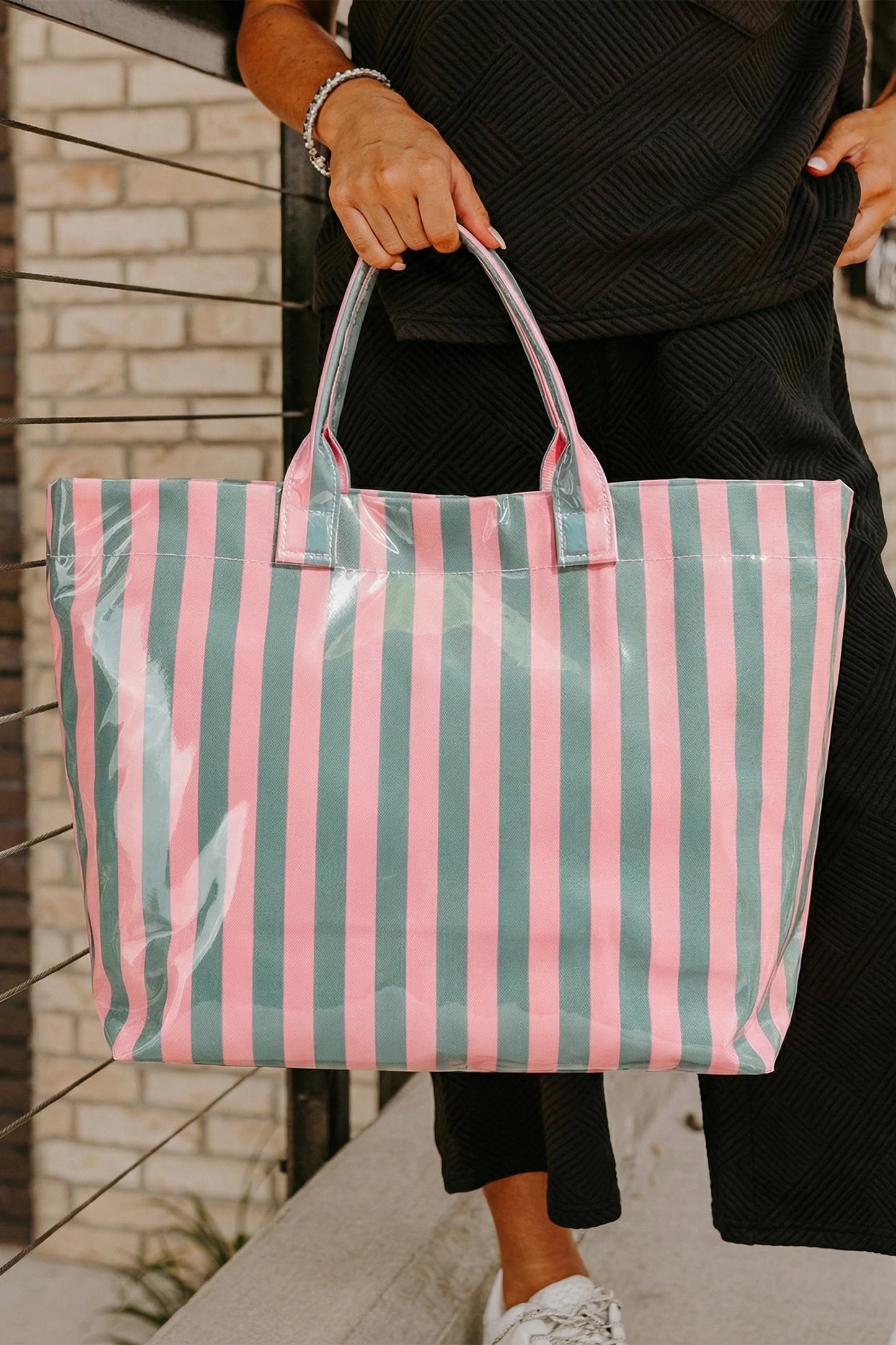 Vinyl Large Tote Bag - Green/Pink