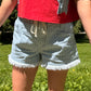 Stripe Raw Edge Drawstring Denim Shorts
