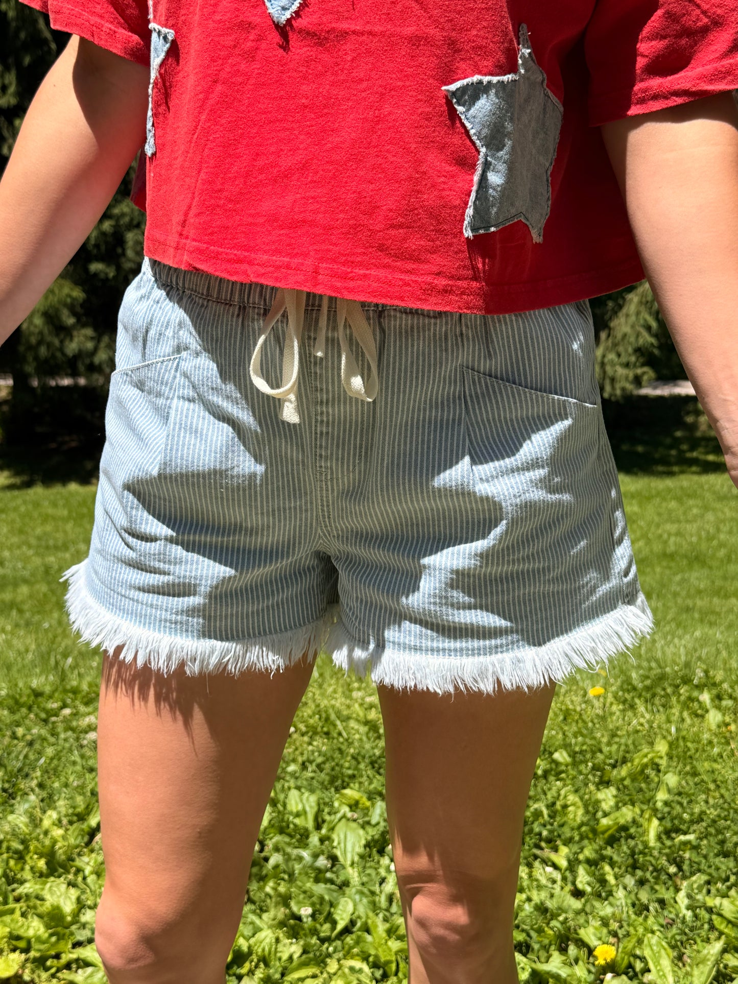 Stripe Raw Edge Drawstring Denim Shorts