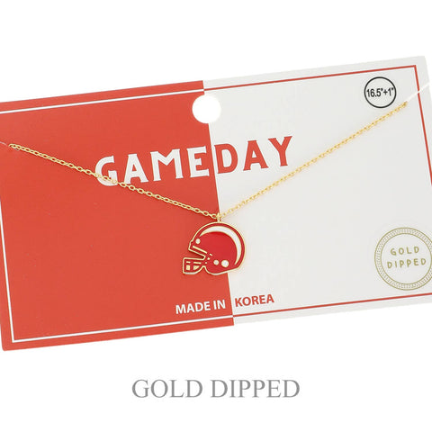 Game Day Football Helmet Gold Plated Necklace : Red & White