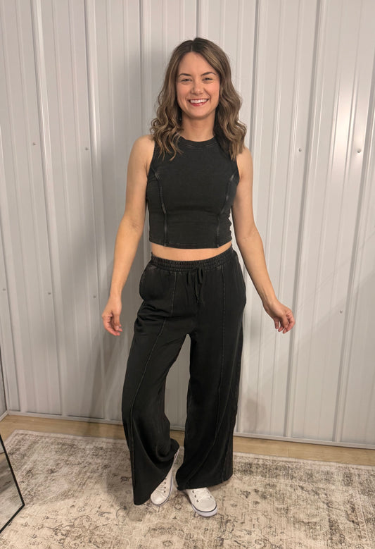 Mineral Washed Wide Leg Pants Set - BLACK