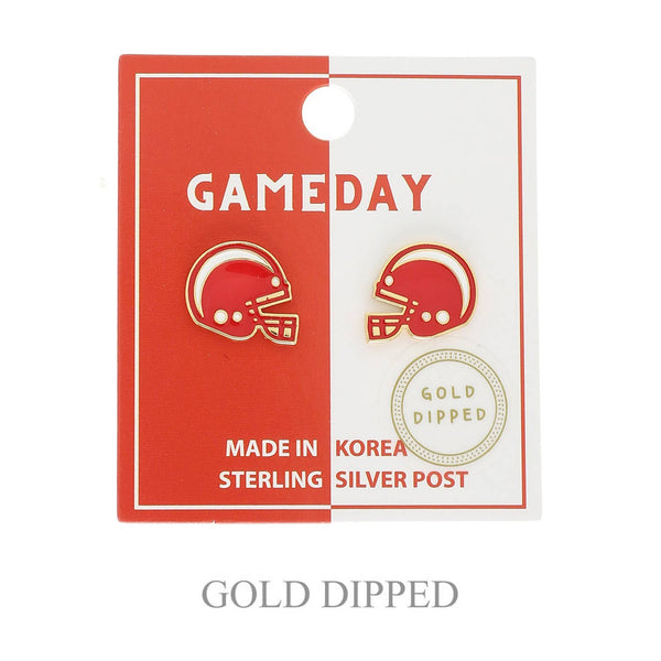 Game Day Football Helmet Gold Plated Stud Earrings : Red & White