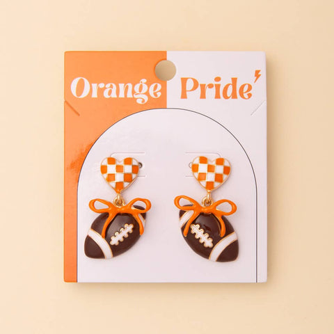 Game Day Football and Heart Post Dangle Earrings with Bow: Orange White