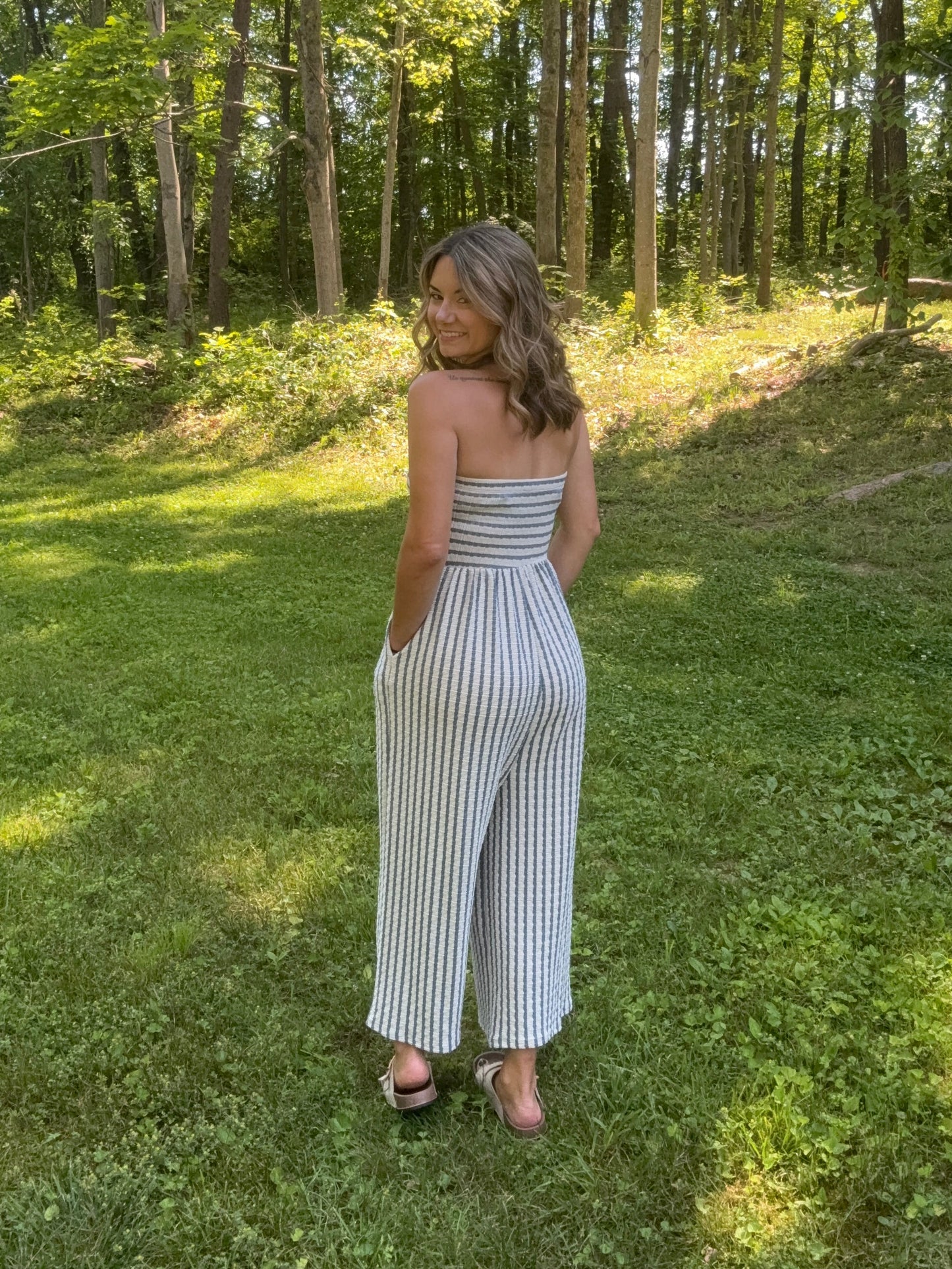 Striped Coastal Tie-Front Strapless Jumpsuit
