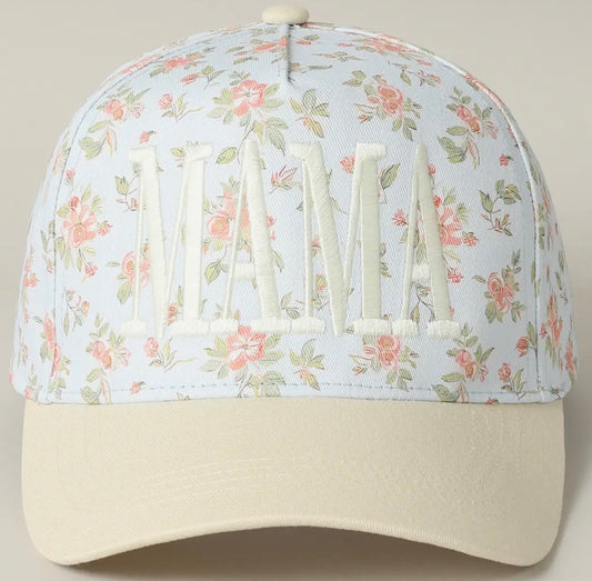 MAMA Embroidered Flower Pattern Trucker Hat: BLUE/BEIGE