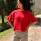 SHORT SLEEVE CREW NECK BOXY SWEATER TOP: Red
