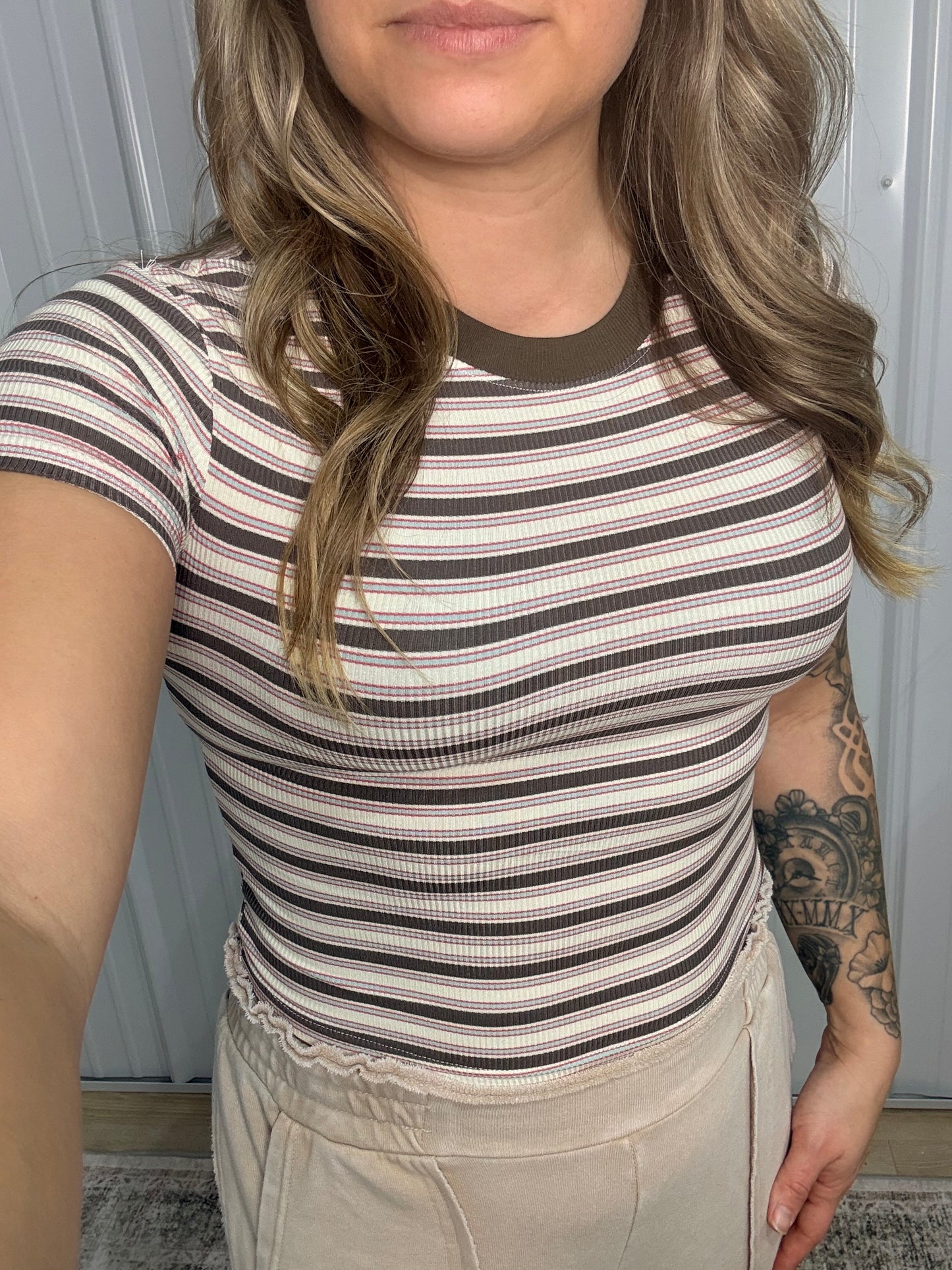 Striped Ribbed Crop Tee - Taupe