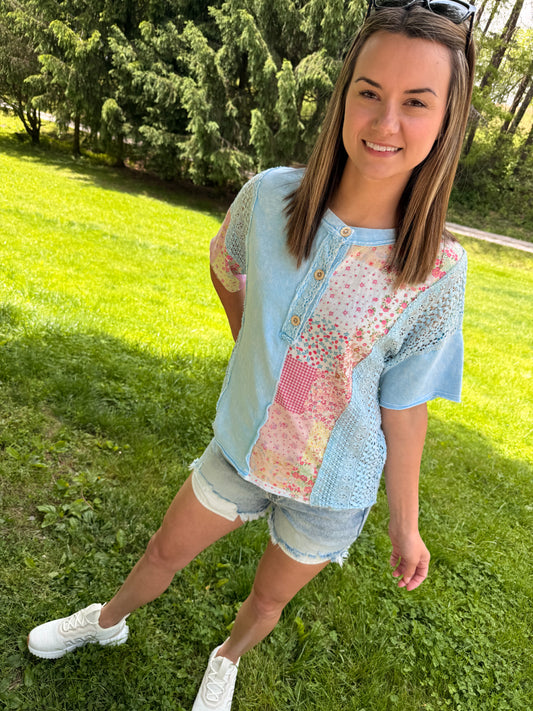 Spring Printed Block Henley Top
