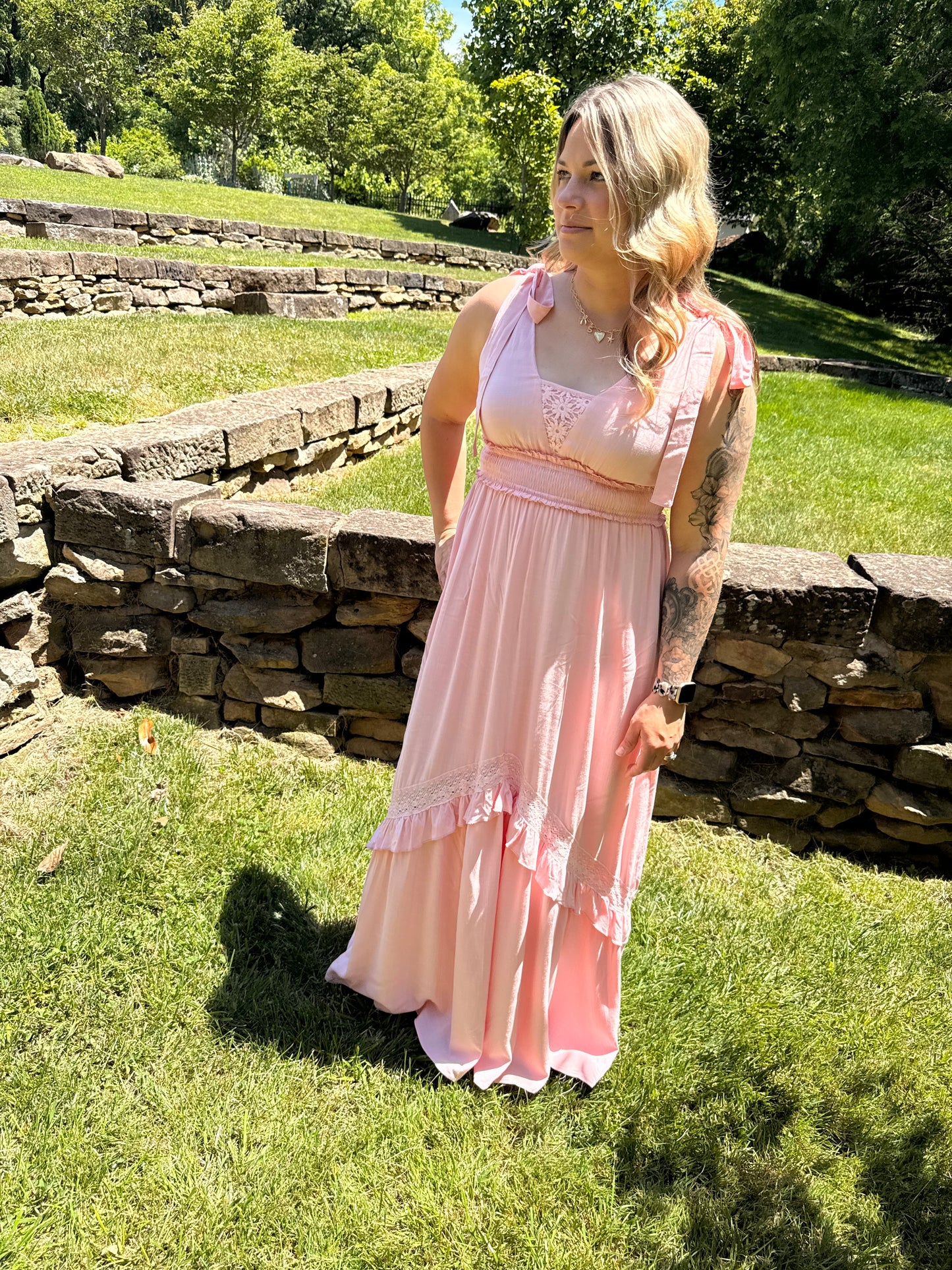LACE INSET MAXI DRESS - Light Pink