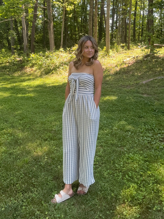 Striped Coastal Tie-Front Strapless Jumpsuit