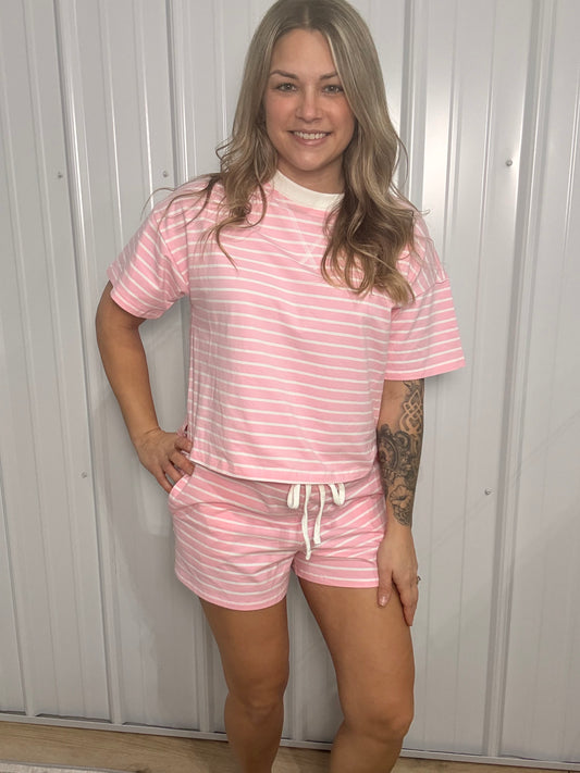 Striped Round Neck Short Sleeve Set - Pink