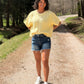ROUND NECK SHORT SLEEVE KNIT SWEATER TOP: BUTTER YELLOW