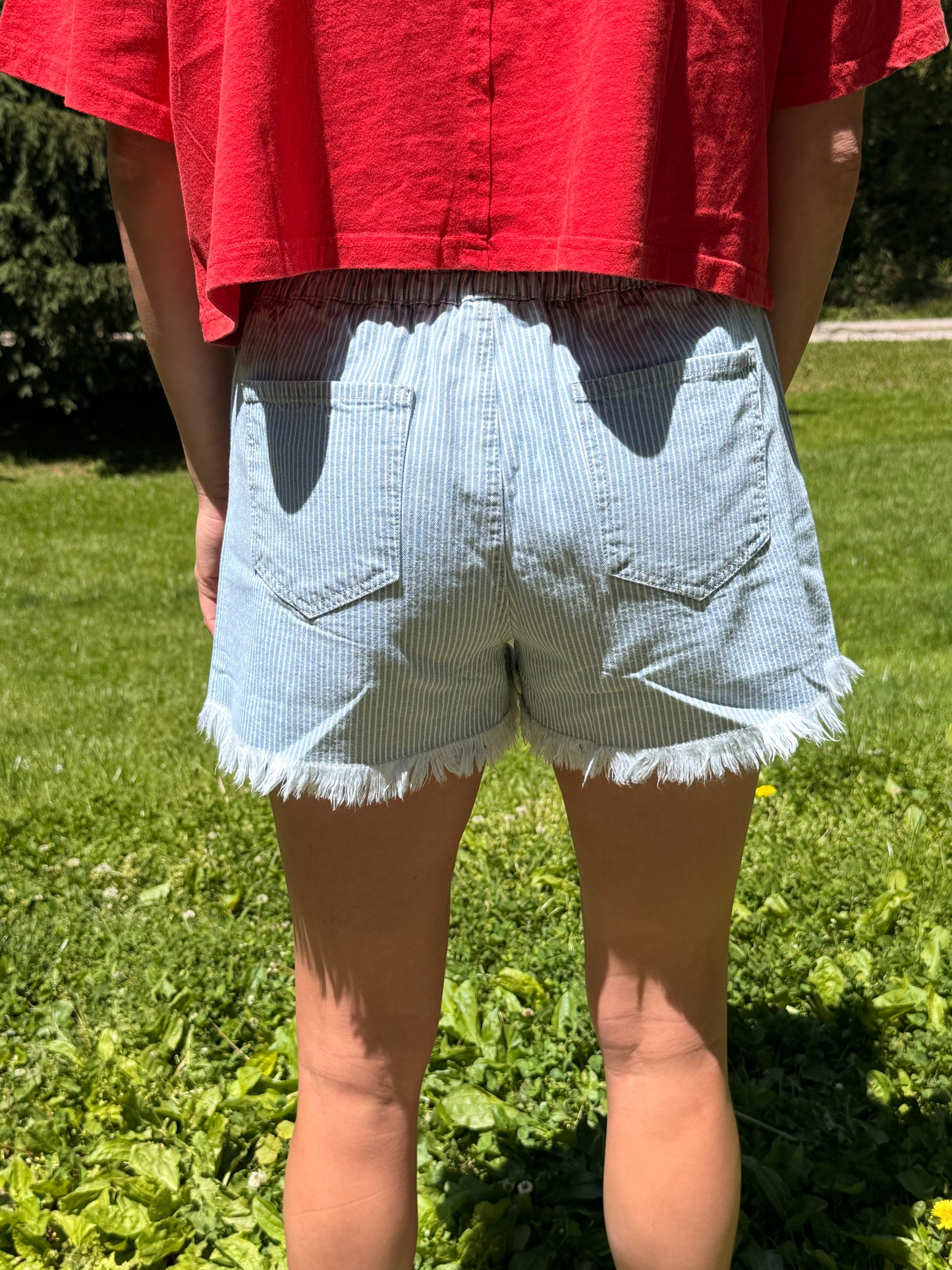 Stripe Raw Edge Drawstring Denim Shorts