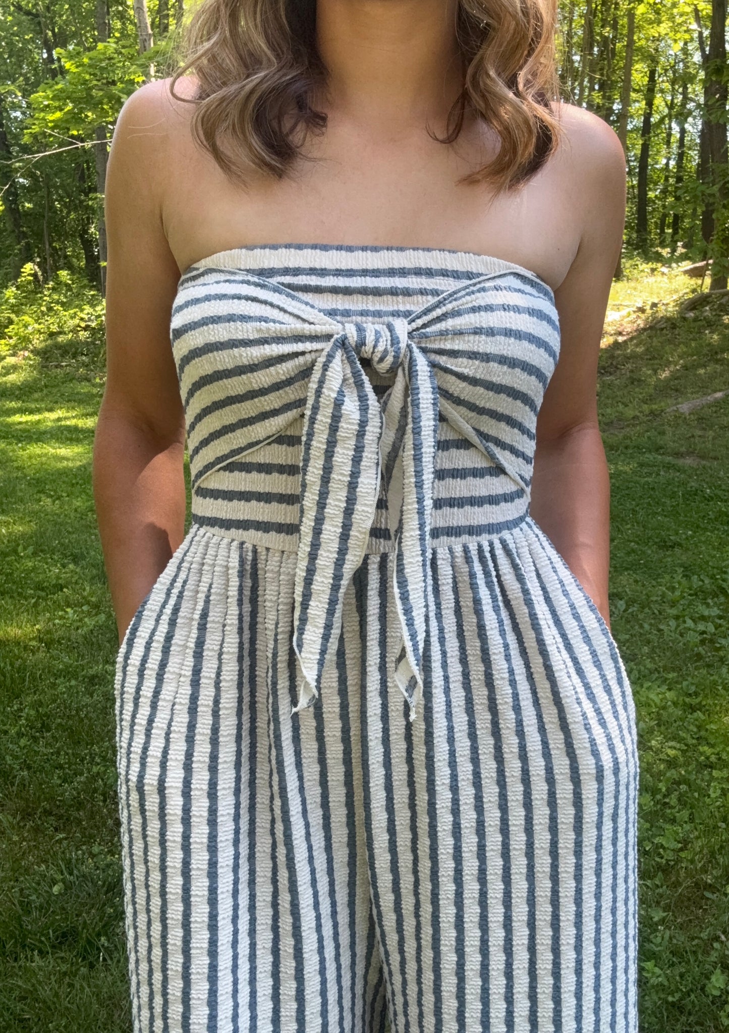 Striped Coastal Tie-Front Strapless Jumpsuit
