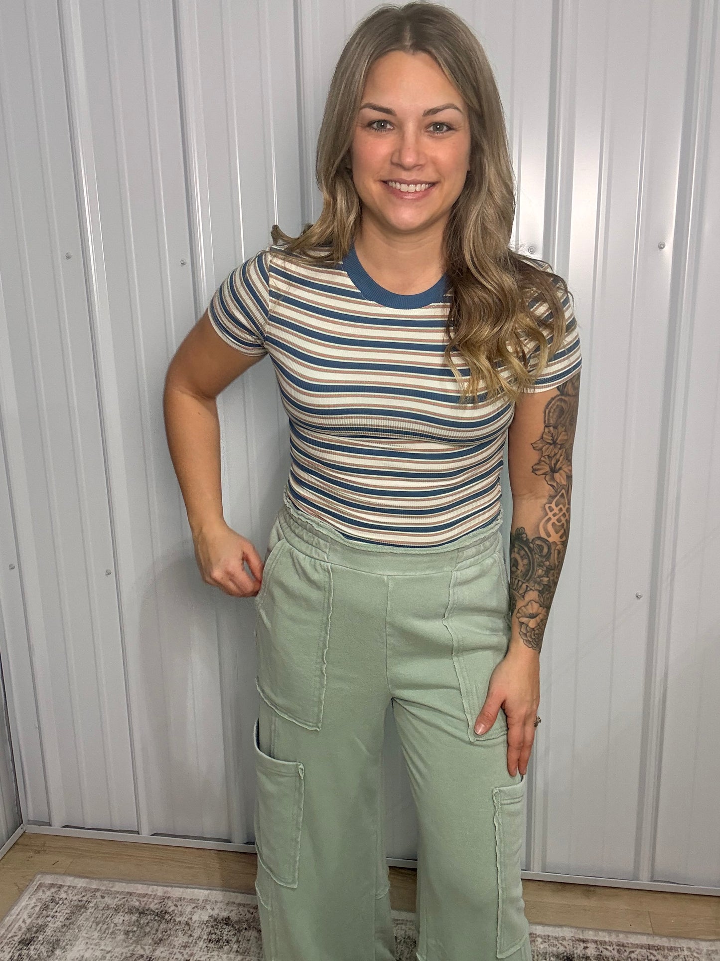 Striped Ribbed Crop Tee - Blue