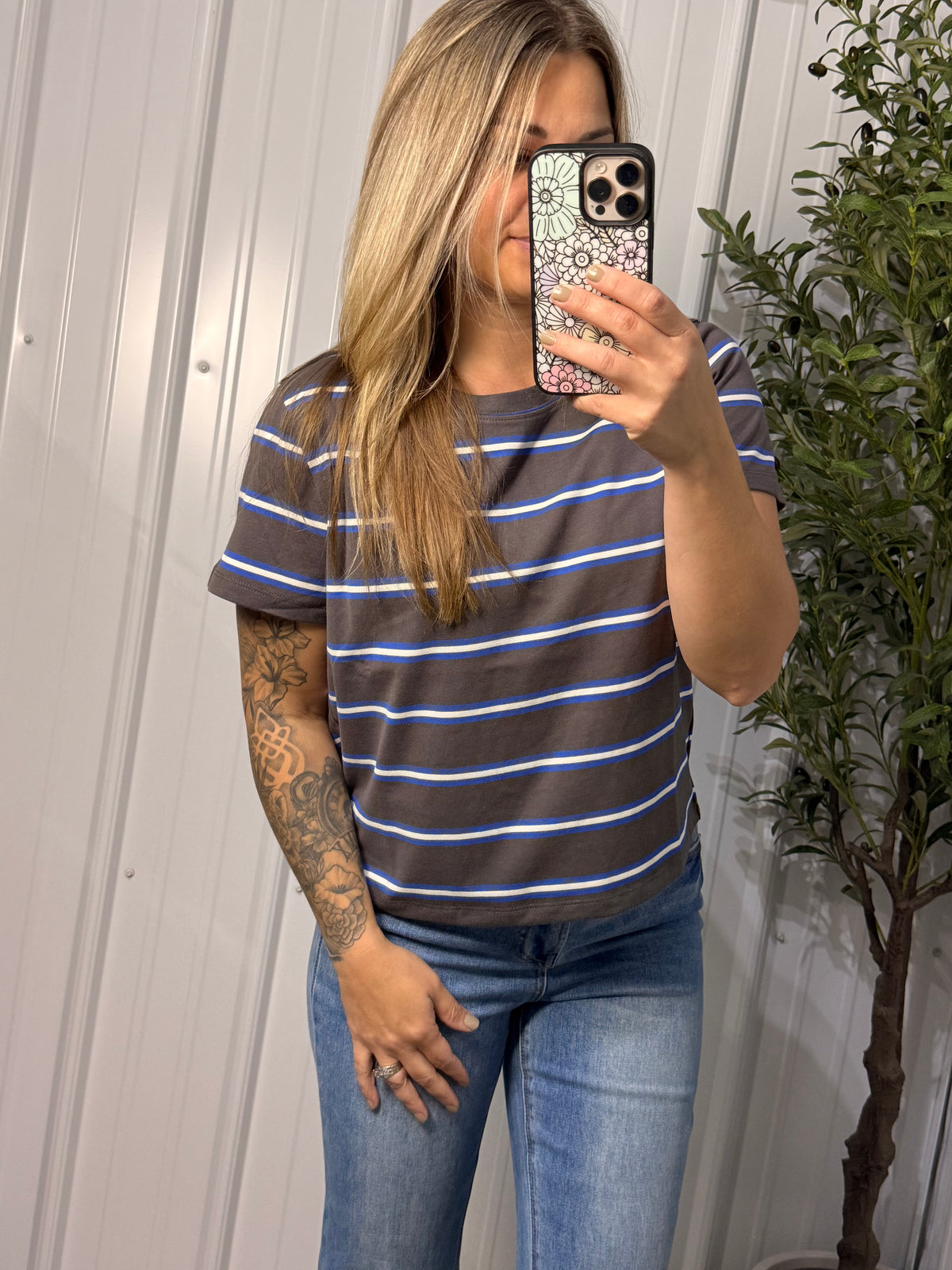Gray Striped Boxy Short Sleeve Tee