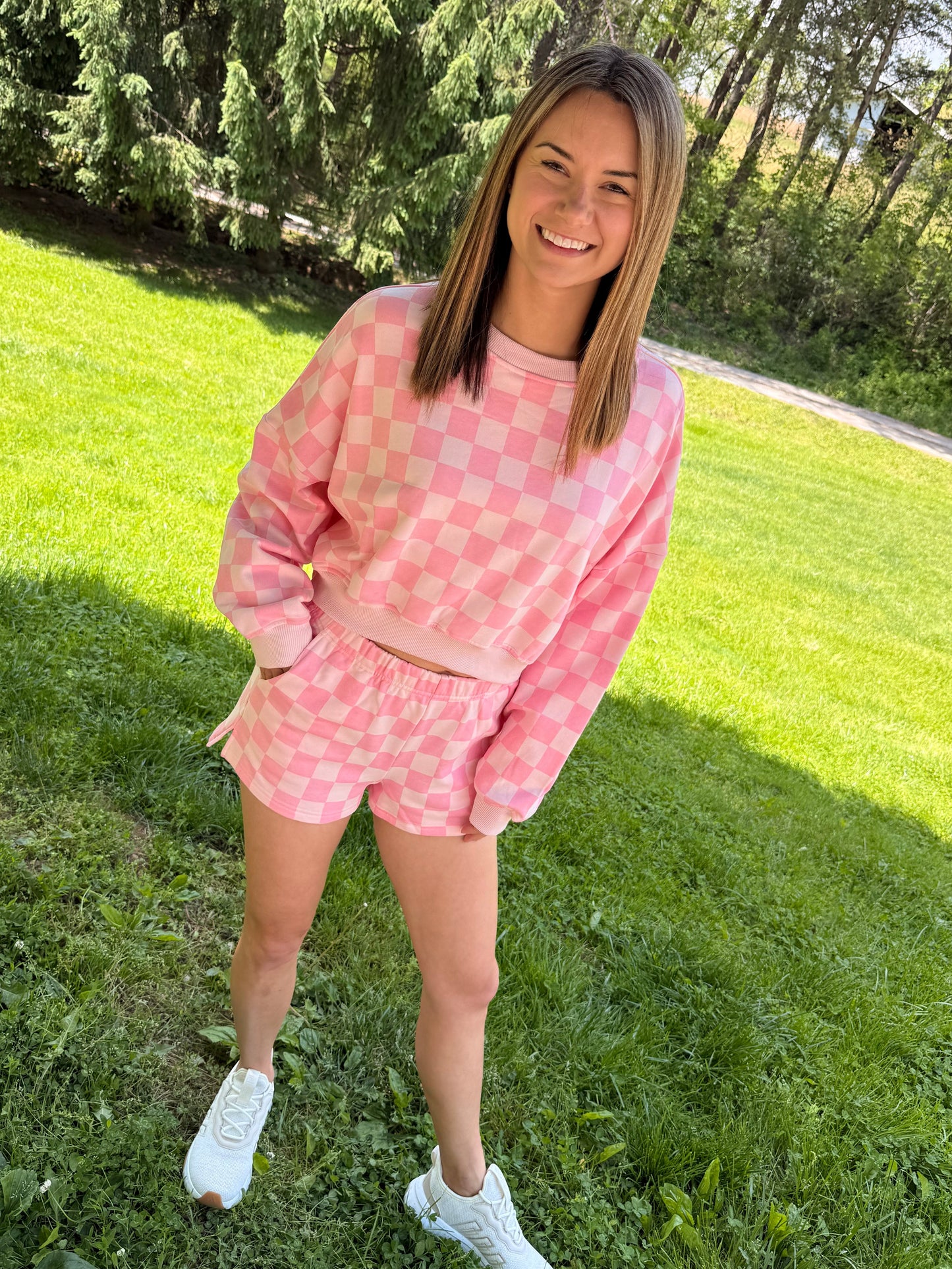 PINK Checkered Print Crop Crewneck Set