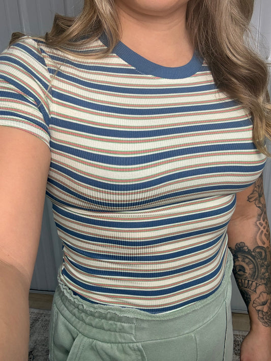 Striped Ribbed Crop Tee - Blue