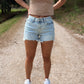 Distressed Hem Light Wash Denim Shorts
