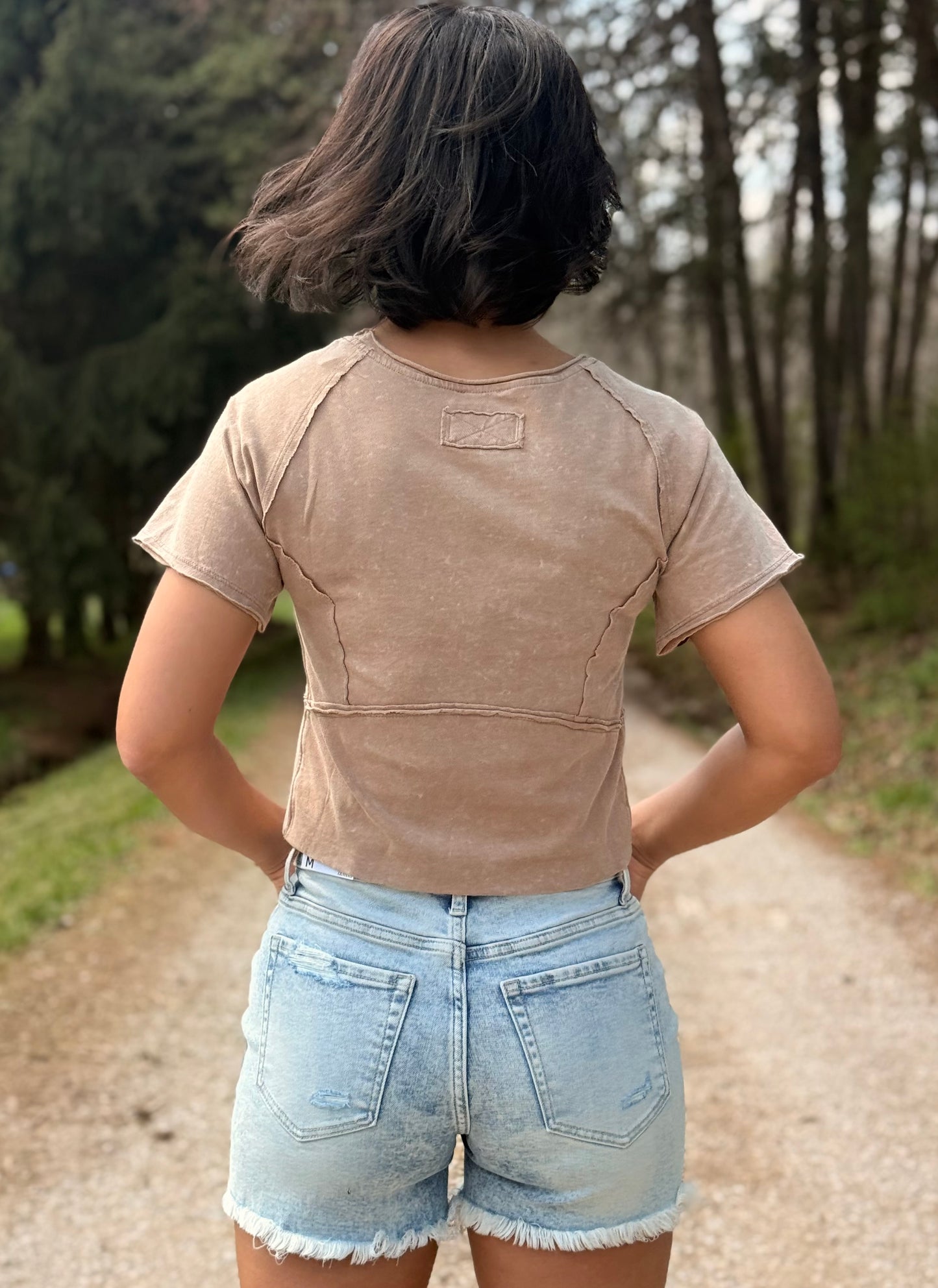 Mineral Washed Knit Fitted Casual Crop Top: MOCHA