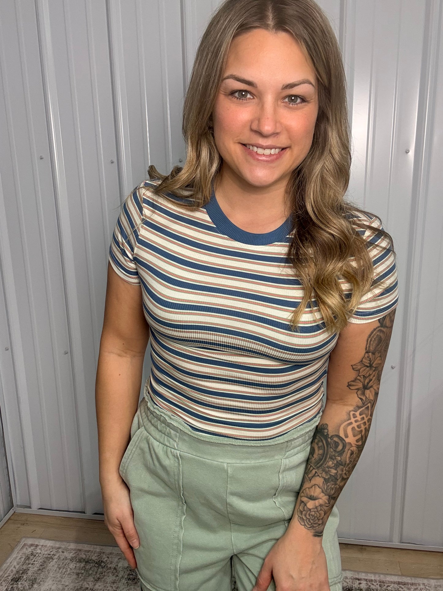 Striped Ribbed Crop Tee - Blue