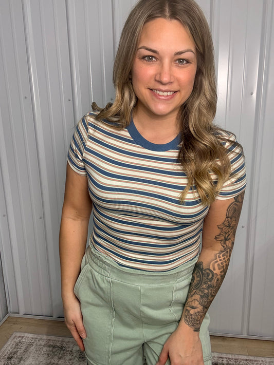 Striped Ribbed Crop Tee - Blue