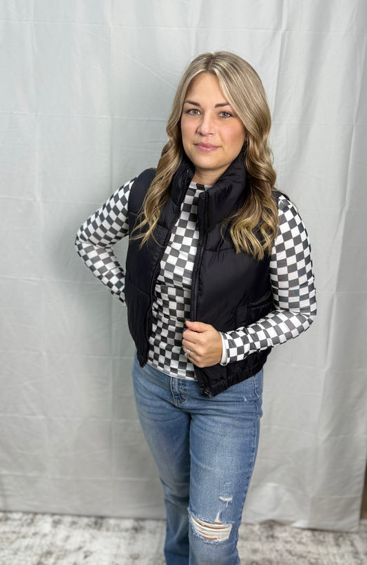 High Neck Faux Down Puffer Vest - BLACK