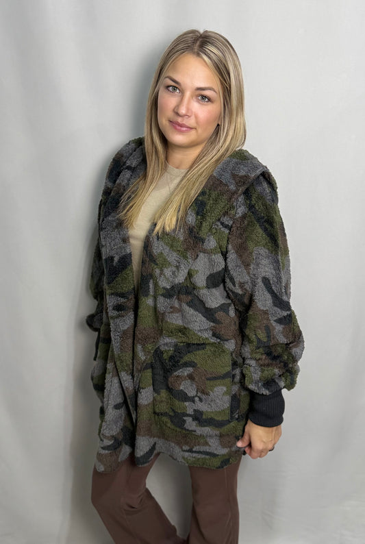 Camo Print Sherpa Open Jacket