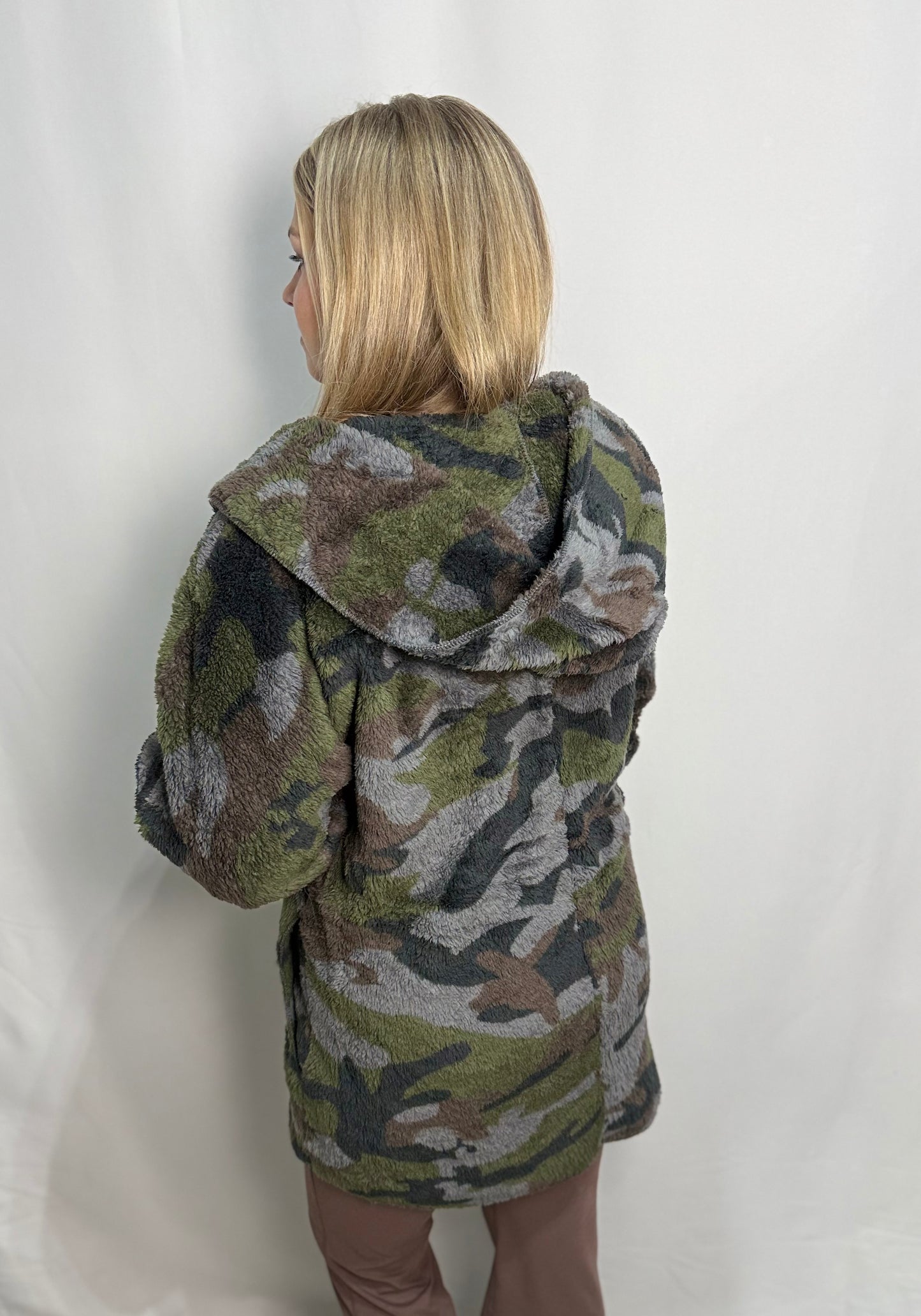 Camo Print Sherpa Open Jacket