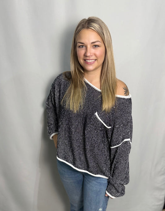 Contrast Trim Textured Sweater