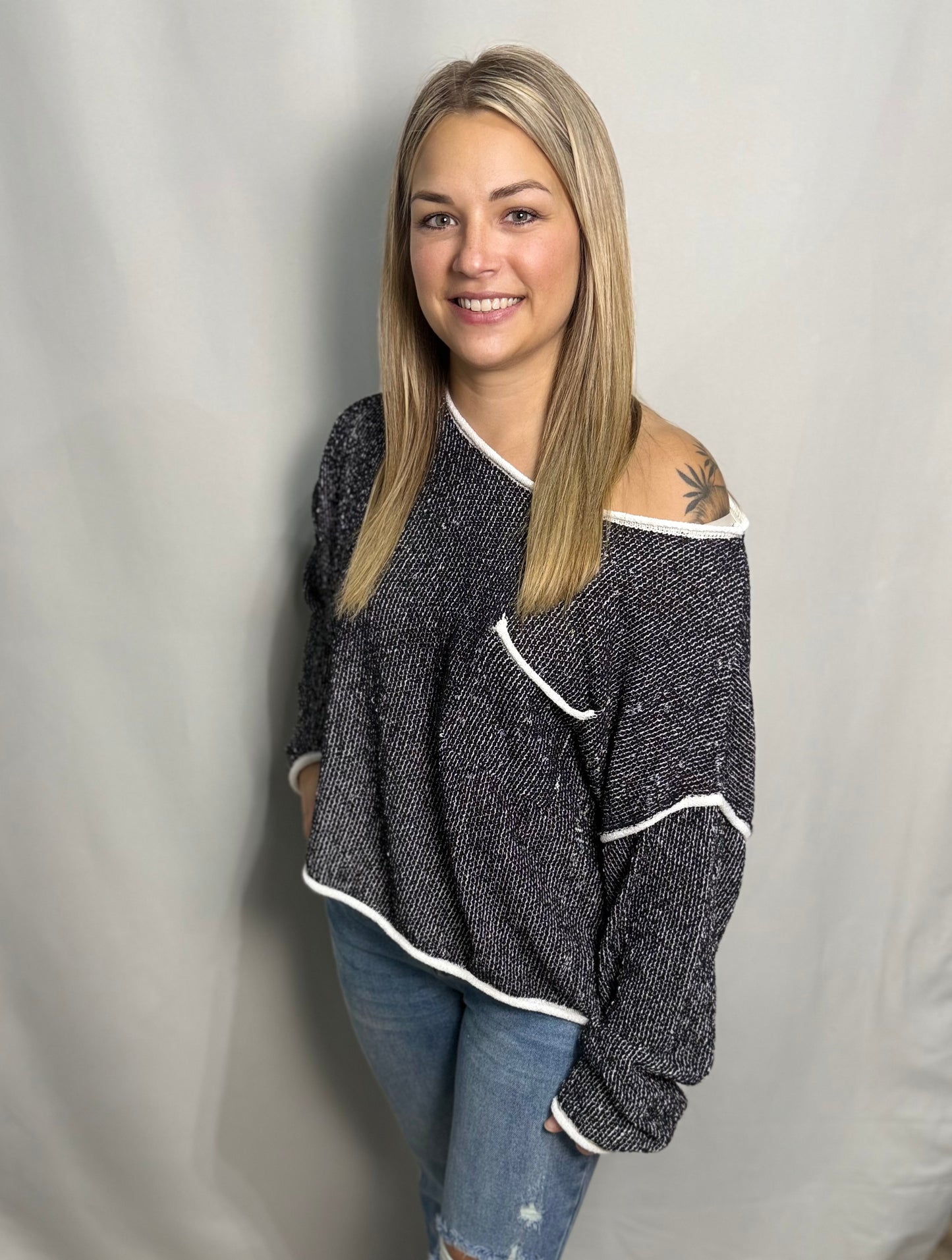 Contrast Trim Textured Sweater