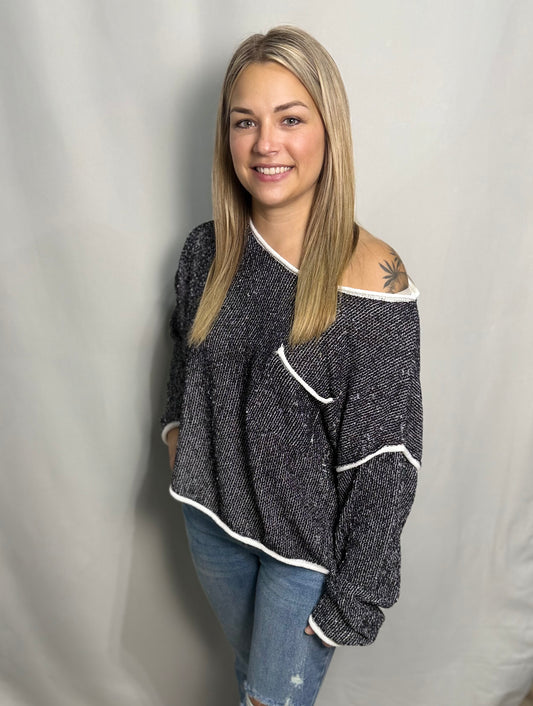 Contrast Trim Textured Sweater