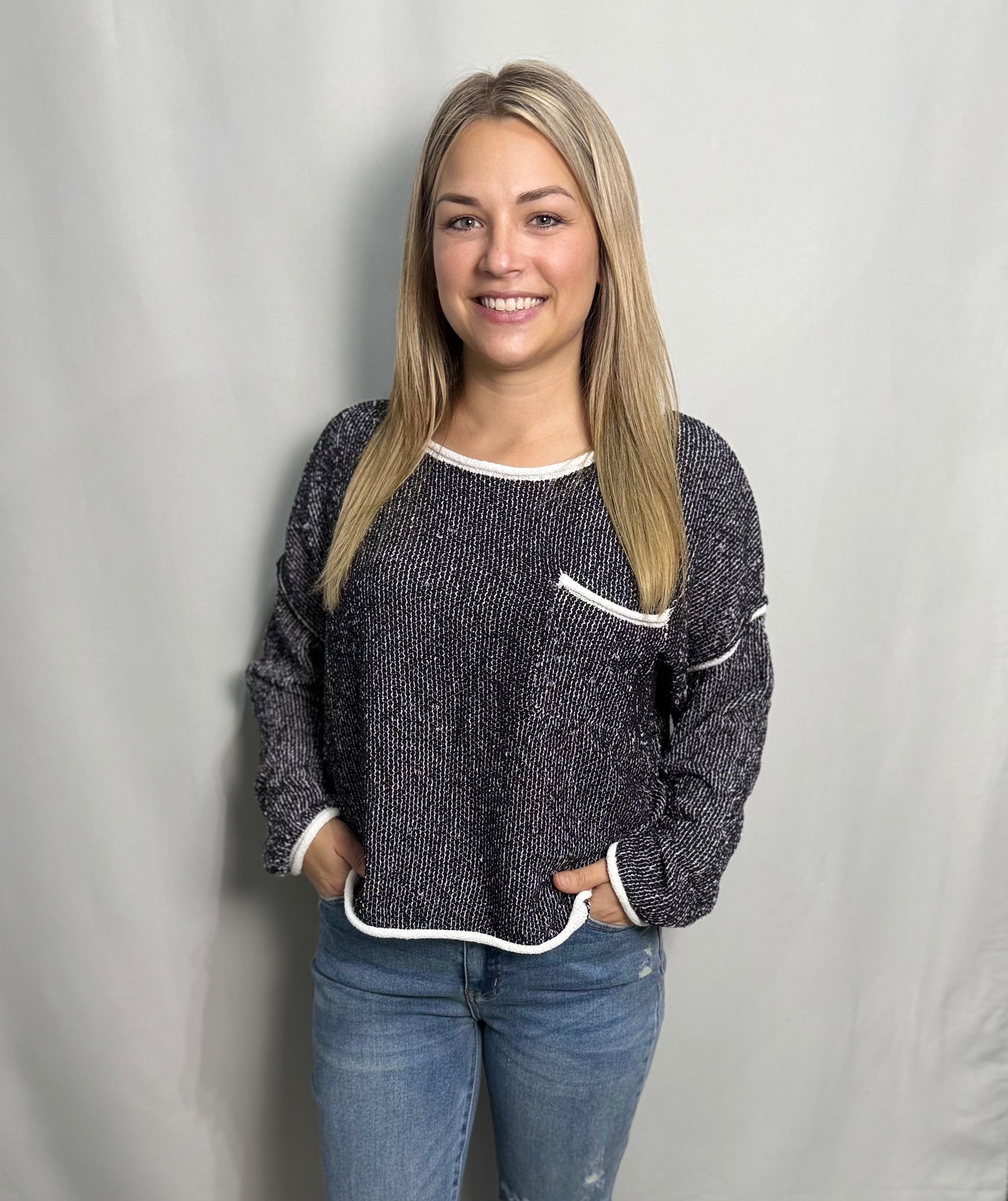 Contrast Trim Textured Sweater