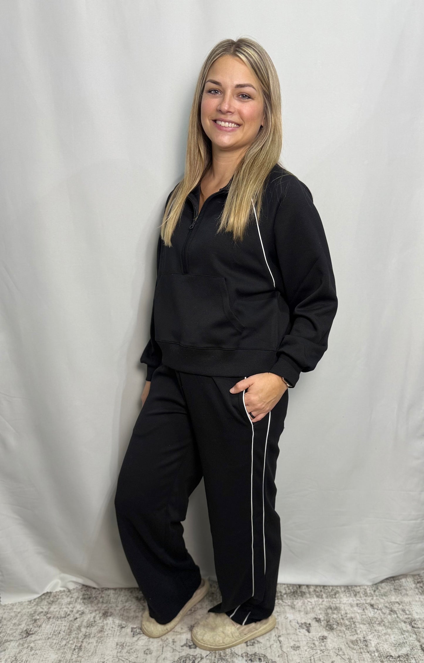 Black Piping Athletic Set - Oversized, Wide Leg