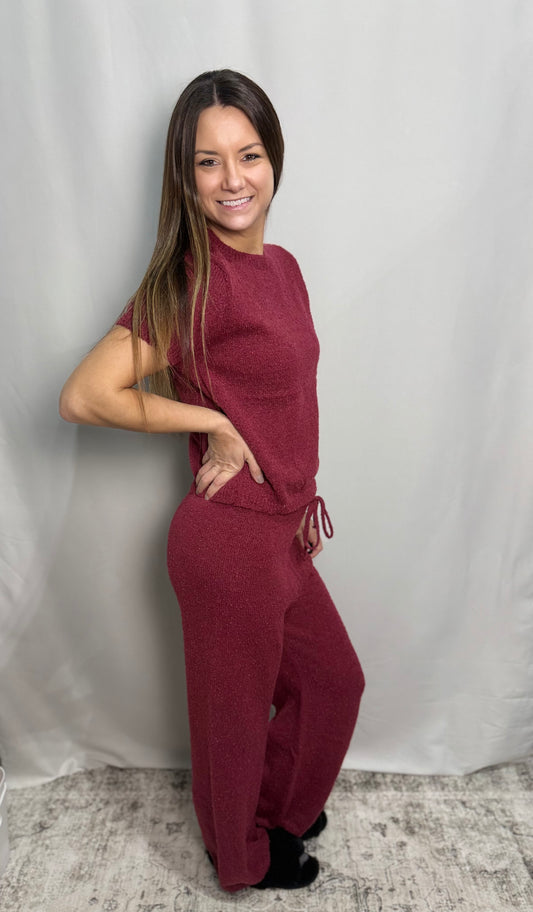 Burgundy Cozy Knit Sweater Set - Ankle style pant