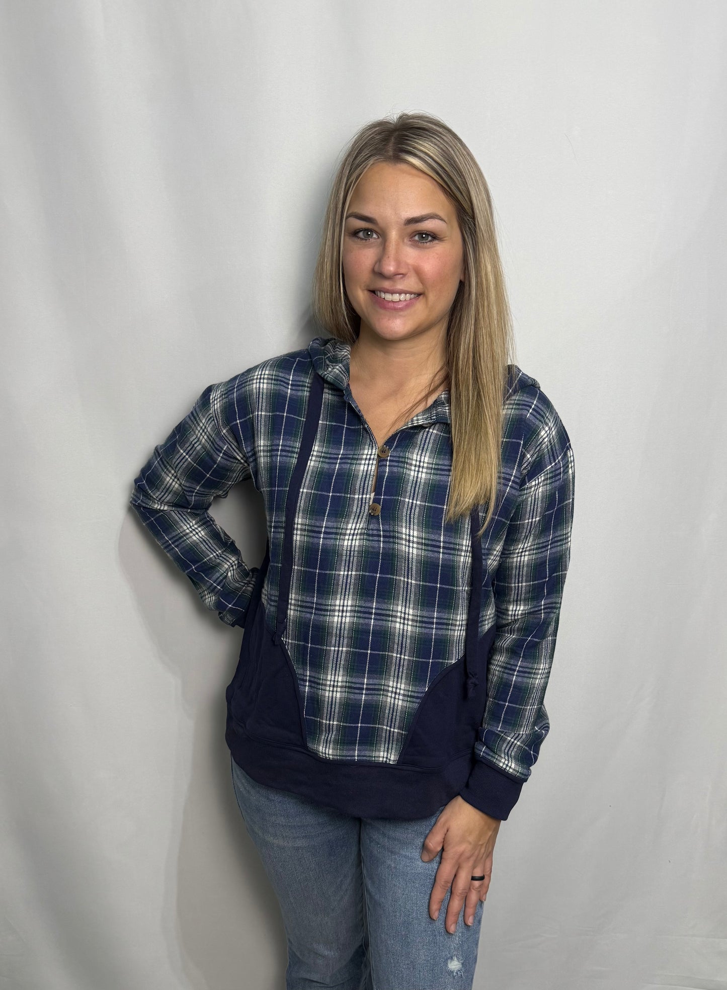 Navy Plaid Hoodie Pullover - True to size