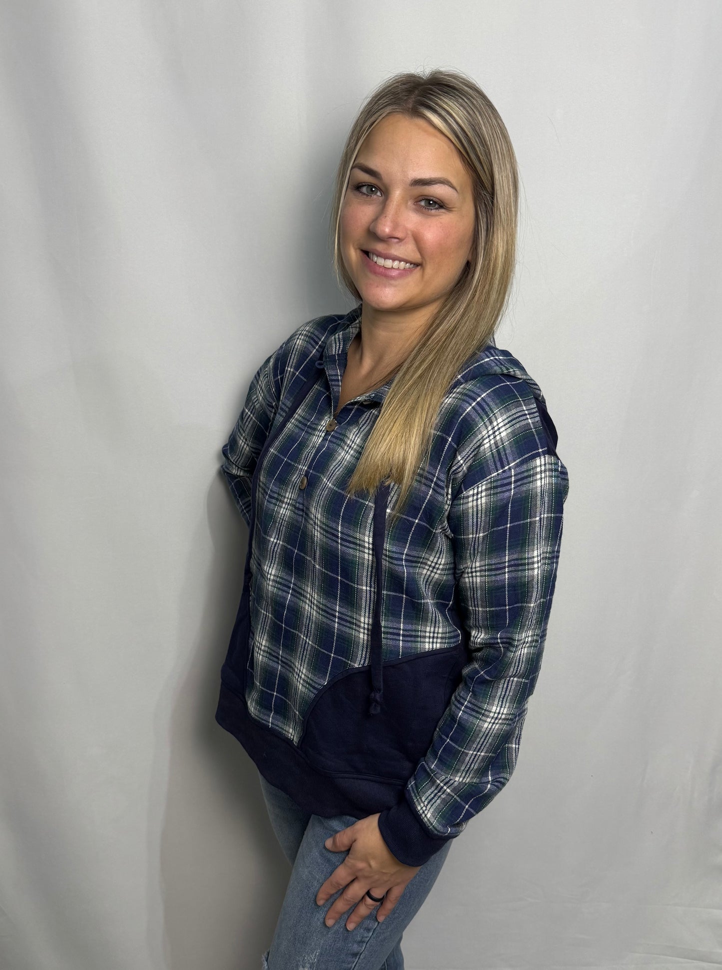 Navy Plaid Hoodie Pullover - True to size
