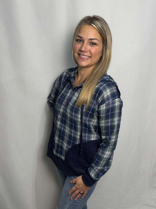 Navy Plaid Hoodie Pullover - True to size