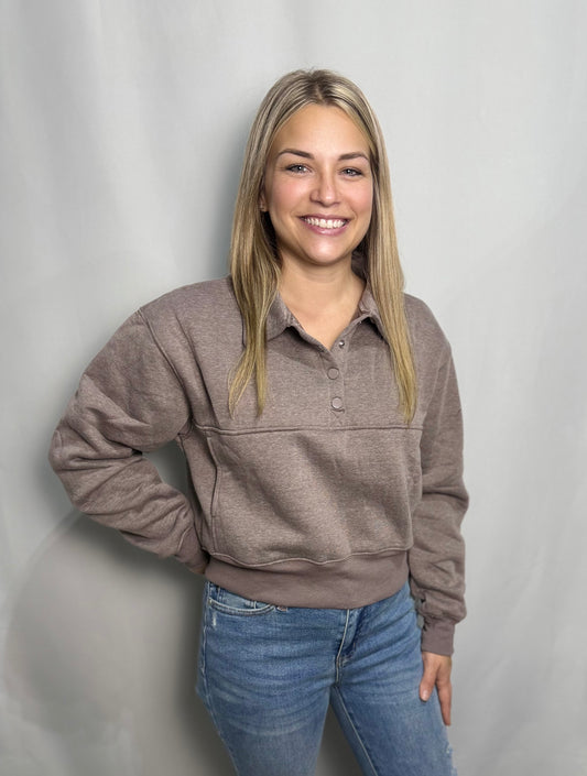 Walnut Collar Snap Buttoned Sweatshirt - True to size